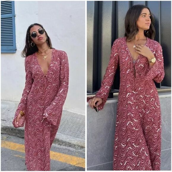 ZARA NWT WOMAN BEADED MIDI DRESS PINK - Picture 1 of 11